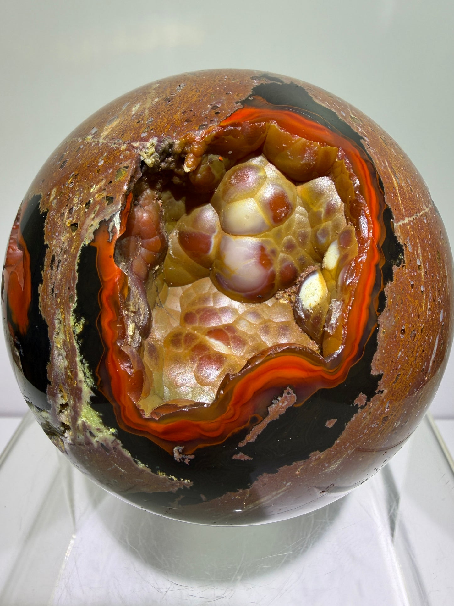Red Fox Agate Sphere. 89mm. Large Druzy Crater Agate From Argentina. Stunning Rare Botryoidal Nodules