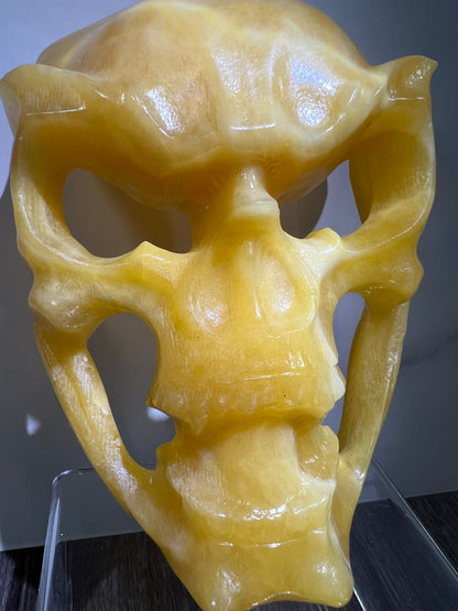 Carved Crystal Skull Mask. Amazing Orange Calcite Carving.