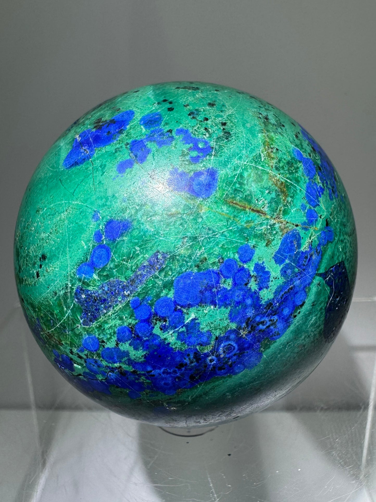 Azurite and Malachite Crystal Sphere. 61mm. Beautiful Deep Colors And Patterns. Stunning Rare Display Piece!