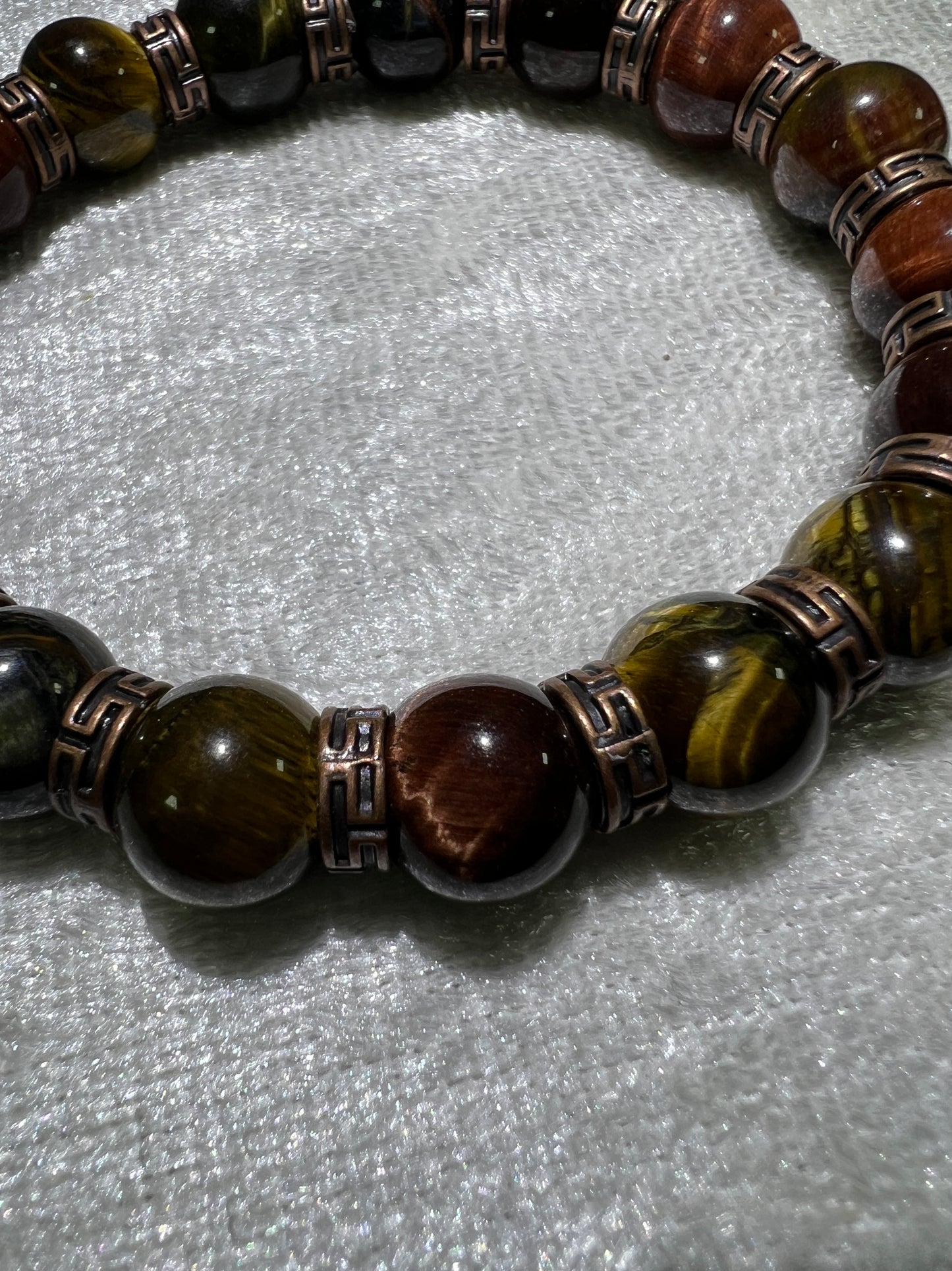 Tigers Eye Crystal Bead Bracelet. Beautiful Red, Blue, And Gold Tigers Eye Bracelet. 10mm. Amazing Bronze Color Spacers.