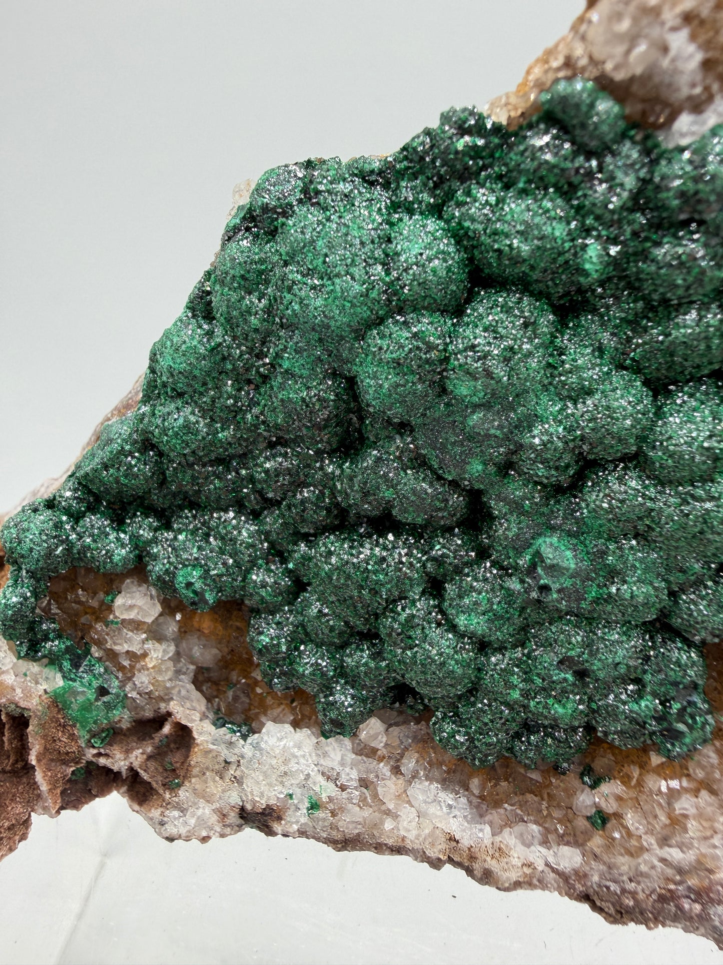Ball Malachite On A Druzy Quartz And Dolomite Matrix. High Quality Specimen From Congo.