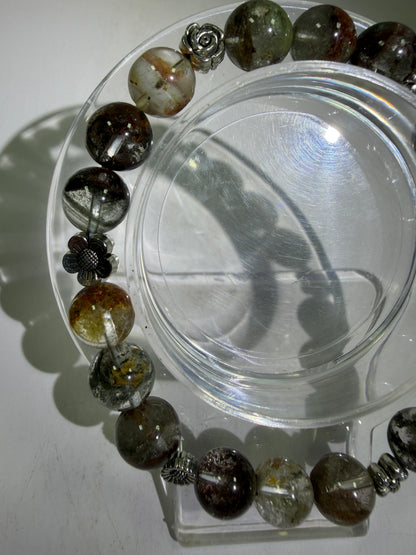 Garden Quartz Crystal Bead Bracelet. Incredible Lodolite Bracelet. 9.5mm. Amazing Flower Spacers.