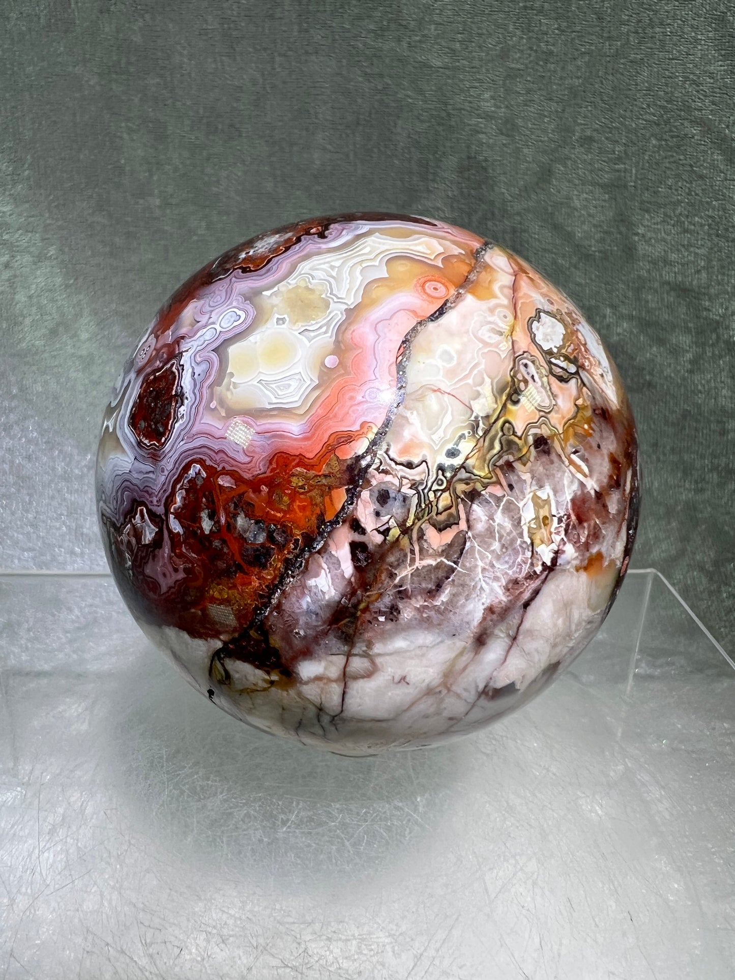 Mexican Crazy Lace Agate Sphere. 73mm. Very Rare Colors And Gorgeous Patterns.