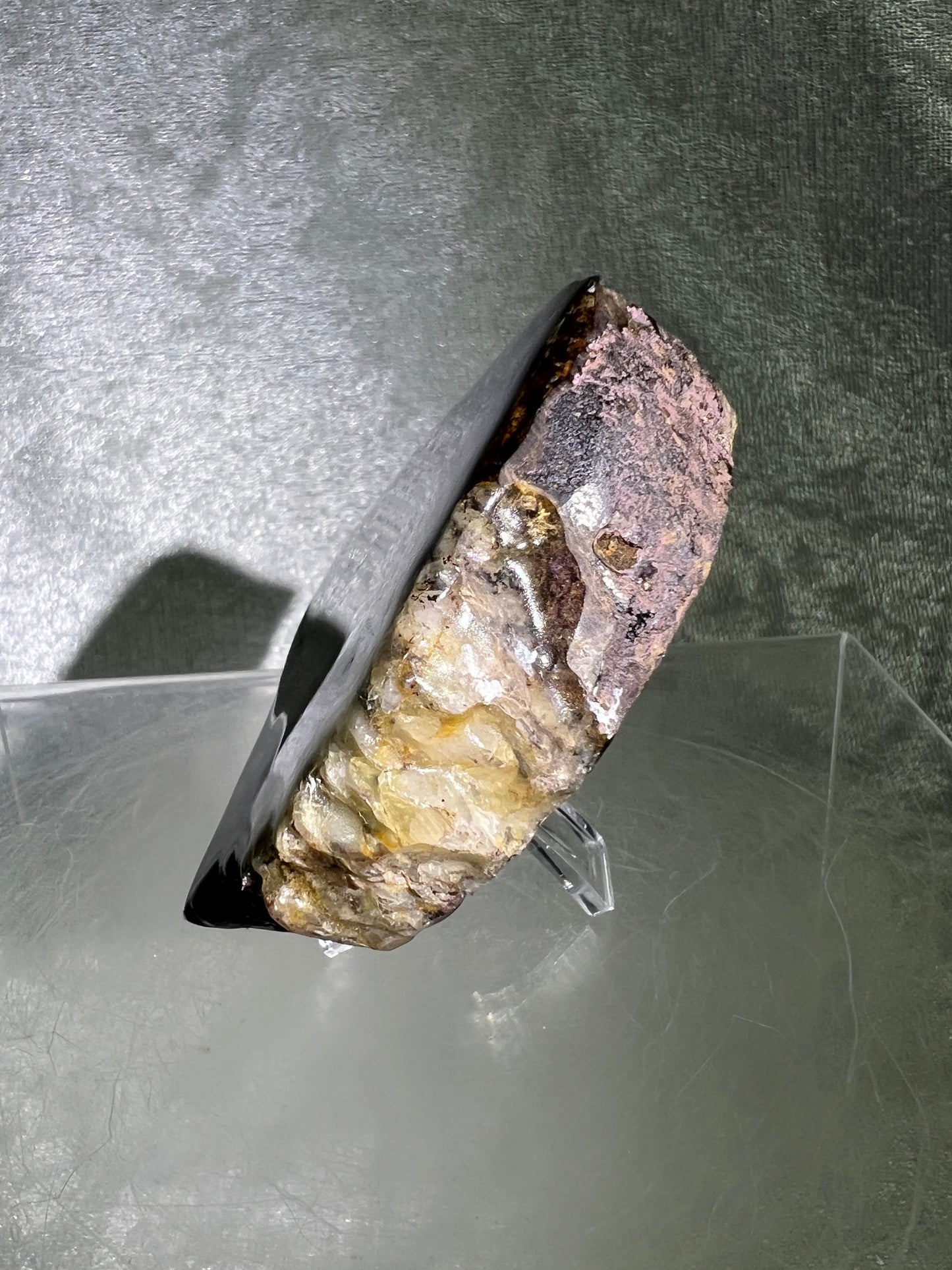 Purpurite Crystal Slab. Stunning Purpurite Freeform With A Resin Coating. Gorgeous Intense Purple Flash!