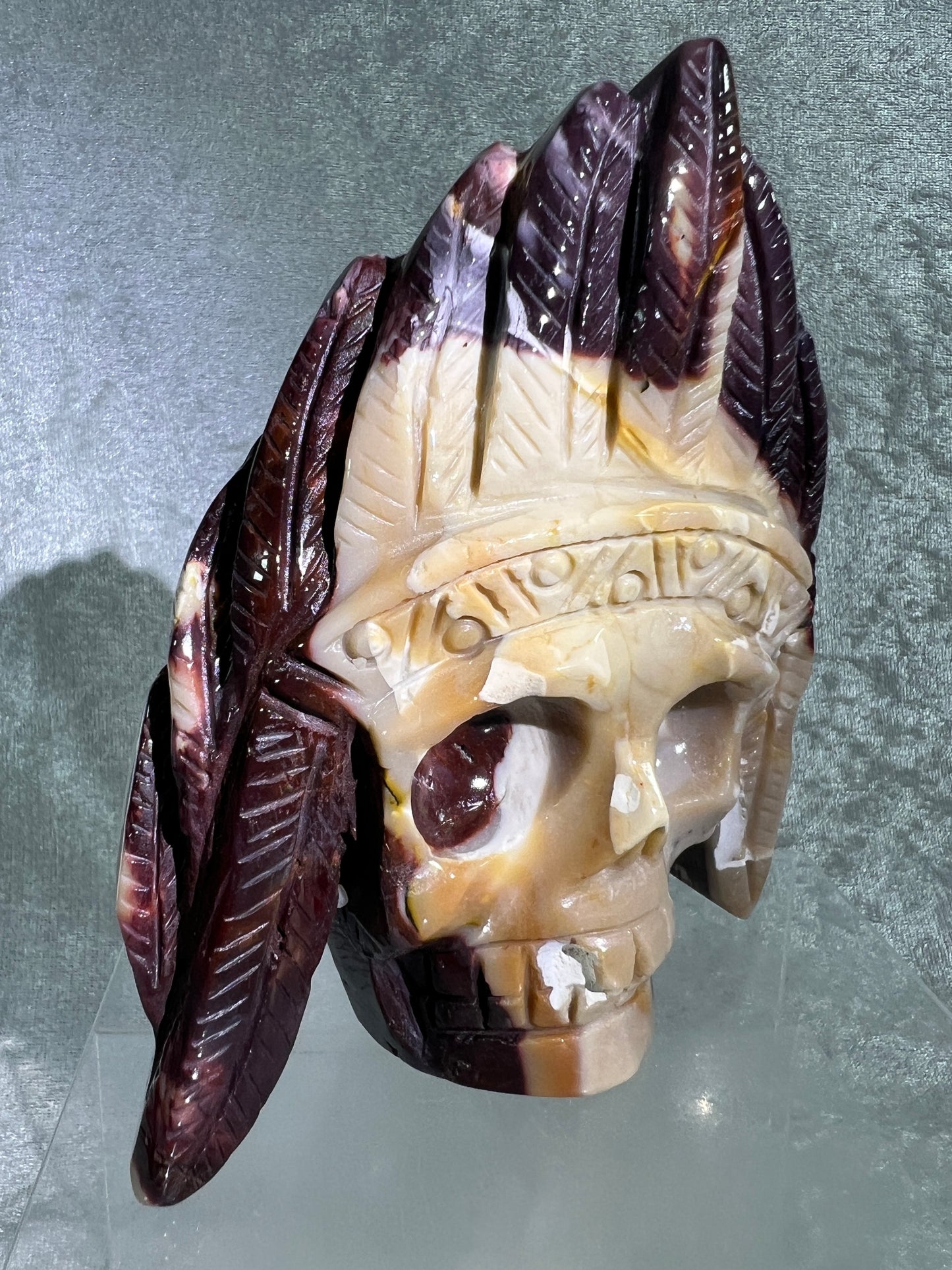 Mookaite Crystal Skull Carving. High Quality Crystal Indian Skull. Amazing Piece Of Art.
