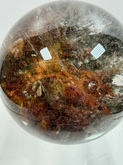 Garden Quartz Lodolite Sphere. 57mm. Orange And Red Colorful Landscape. High Quality With Rare Colors!