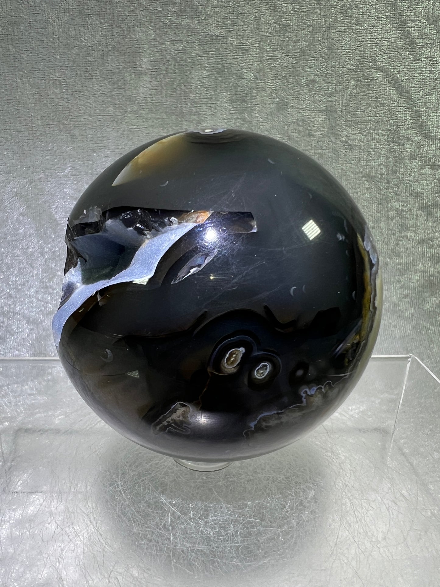 Volcano Agate Sphere. 71mm. Gorgeous Blue Druzy. Intense Green UV Reactive Sphere. Awesome Color Contrast.