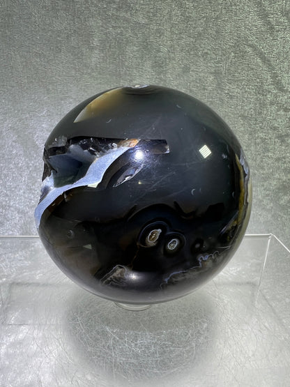 Volcano Agate Sphere. 71mm. Gorgeous Blue Druzy. Intense Green UV Reactive Sphere. Awesome Color Contrast.