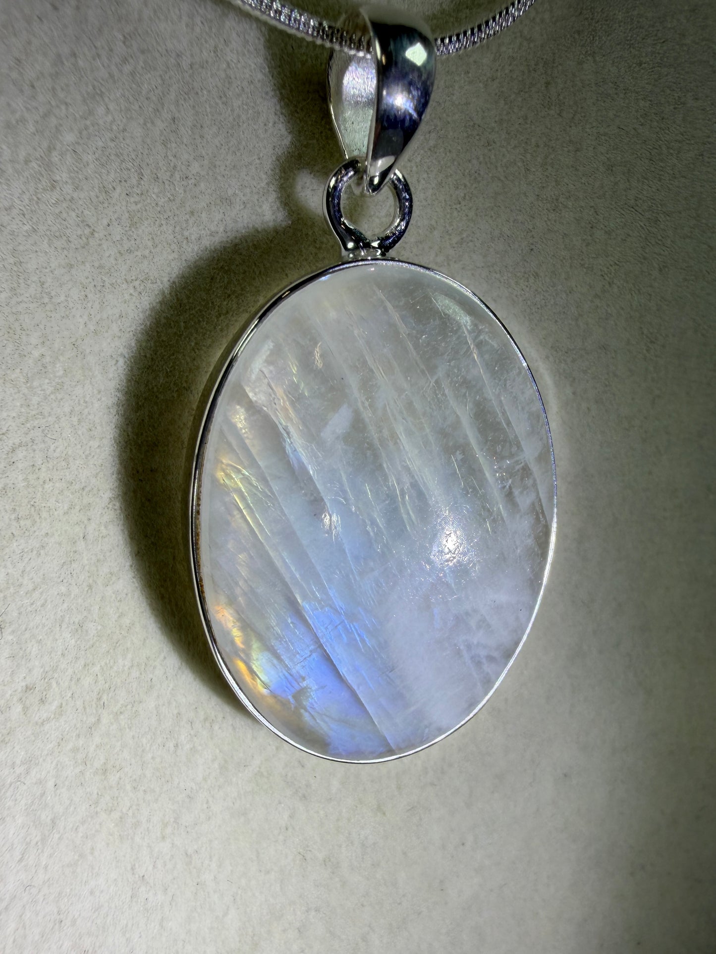 Rainbow Moonstone Crystal Pendant. Beautiful S925 Silver Crystal Jewelry. Amazing Colors With Great Flash!