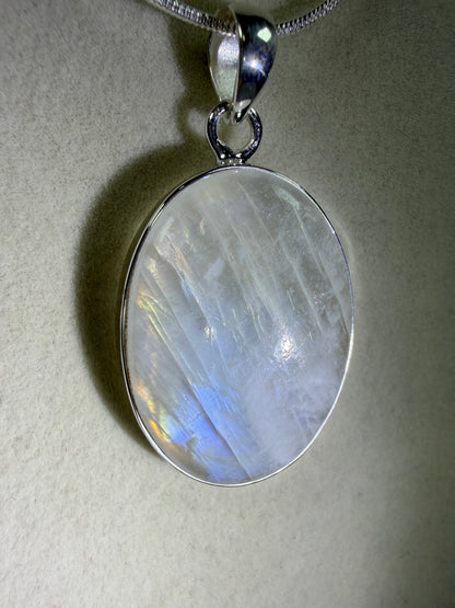 Rainbow Moonstone Crystal Pendant. Beautiful S925 Silver Crystal Jewelry. Amazing Colors With Great Flash!