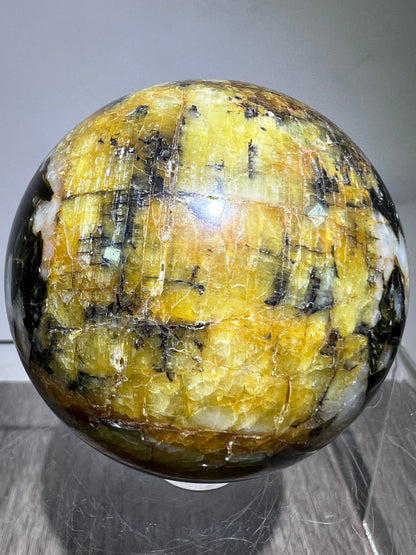 Yellow Tourmaline And Black Mica Sphere. 54mm. Rare New Discovery. Stunning And Flashy Display Sphere.