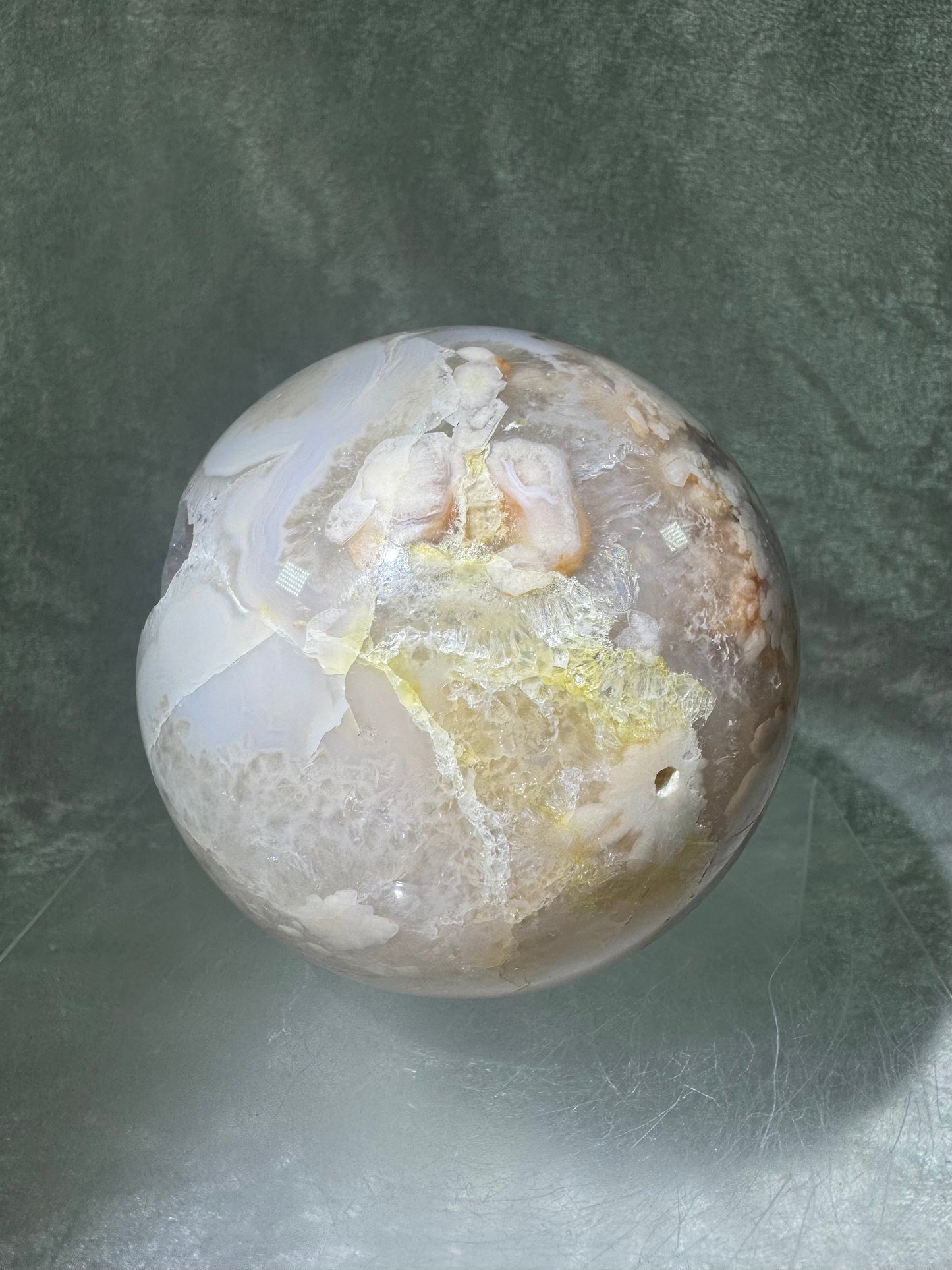 Flower Agate Sphere. 90mm. Beautiful Druzy On This Large Centerpiece. Amazing One Of A Kind Display Sphere.