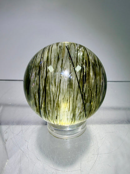 Green Tourmaline Quartz Sphere. Incredible Green Rutile Sphere. Tourmalinated Quartz Display Crystal