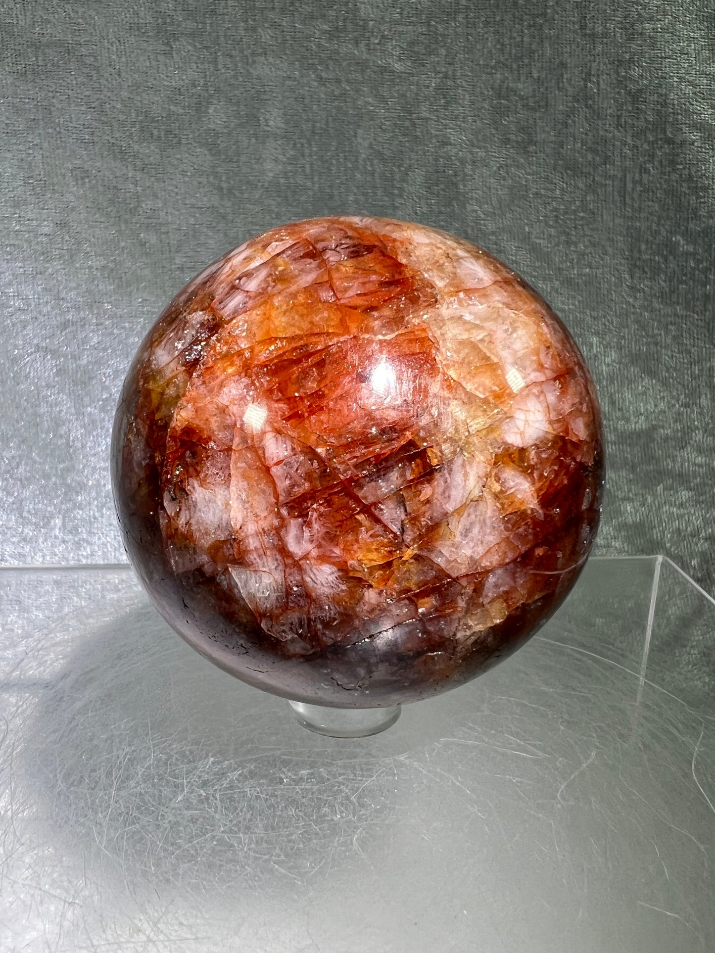 Fire Quartz Sphere. 63mm. Gorgeous Flash And Crystallization. High Quality Hematoid Crystal From Madagascar.