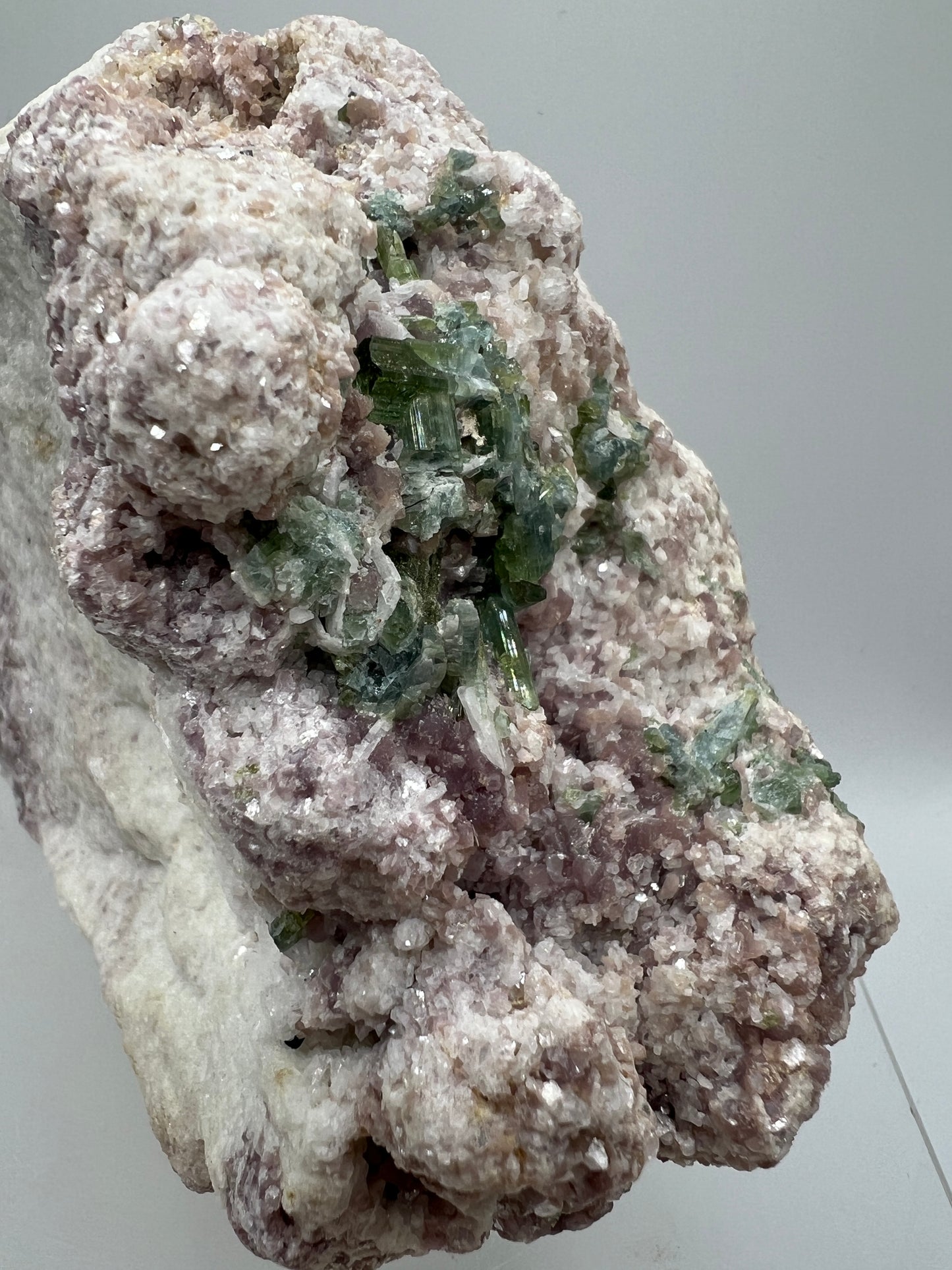 Lepidolite and Green Tourmaline Specimen. Gorgeous Mineral Cluster From Brazil. Lots Of Flash And Crystallization. Beautiful Color Contrasts.