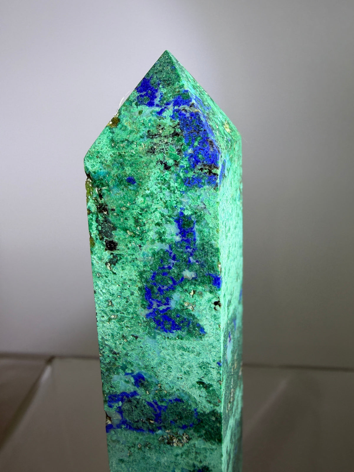 Azurite, Chrysocolla, And Malachite Druzy Tower. Rare And Beautiful Crystal Point.