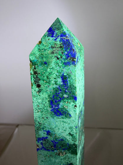 Azurite, Chrysocolla, And Malachite Druzy Tower. Rare And Beautiful Crystal Point.