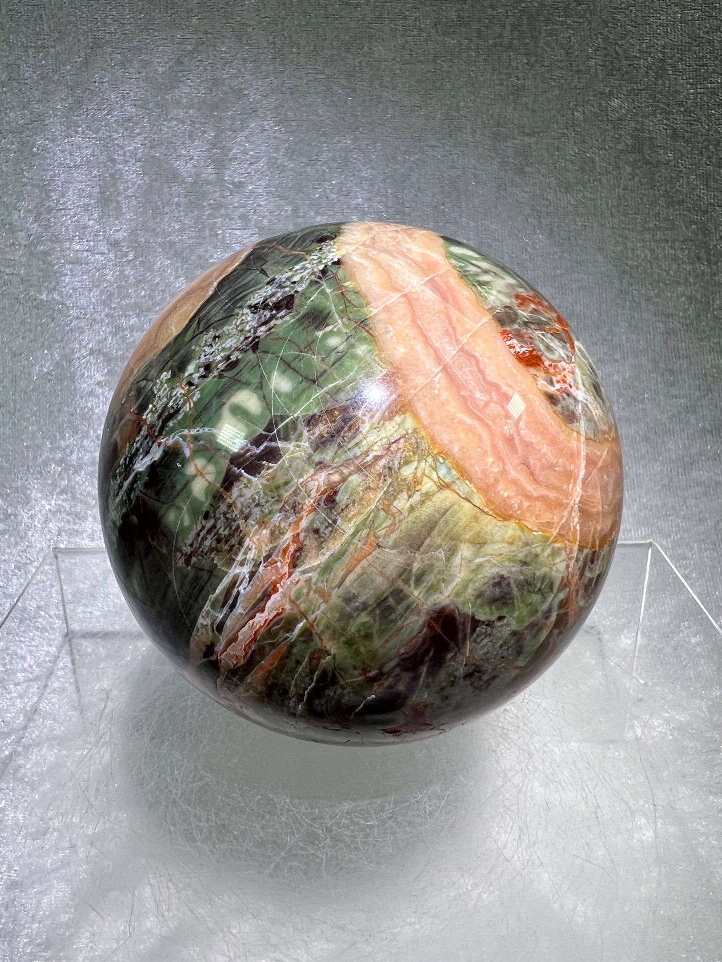 Money Agate Crystal Sphere. 78mm. Very Rare Shades Of Green. Stunning Indonesian Bloodstone. Amazing Colors And Patterns