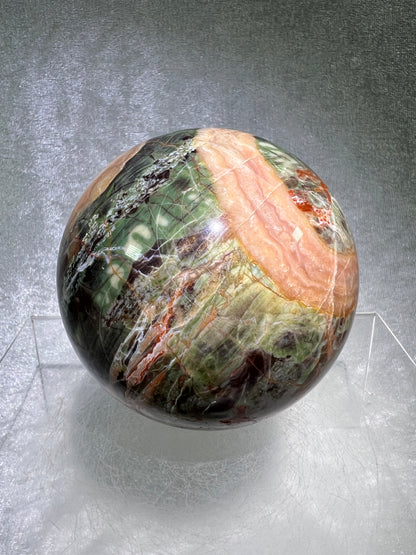 Money Agate Crystal Sphere. 78mm. Very Rare Shades Of Green. Stunning Indonesian Bloodstone. Amazing Colors And Patterns