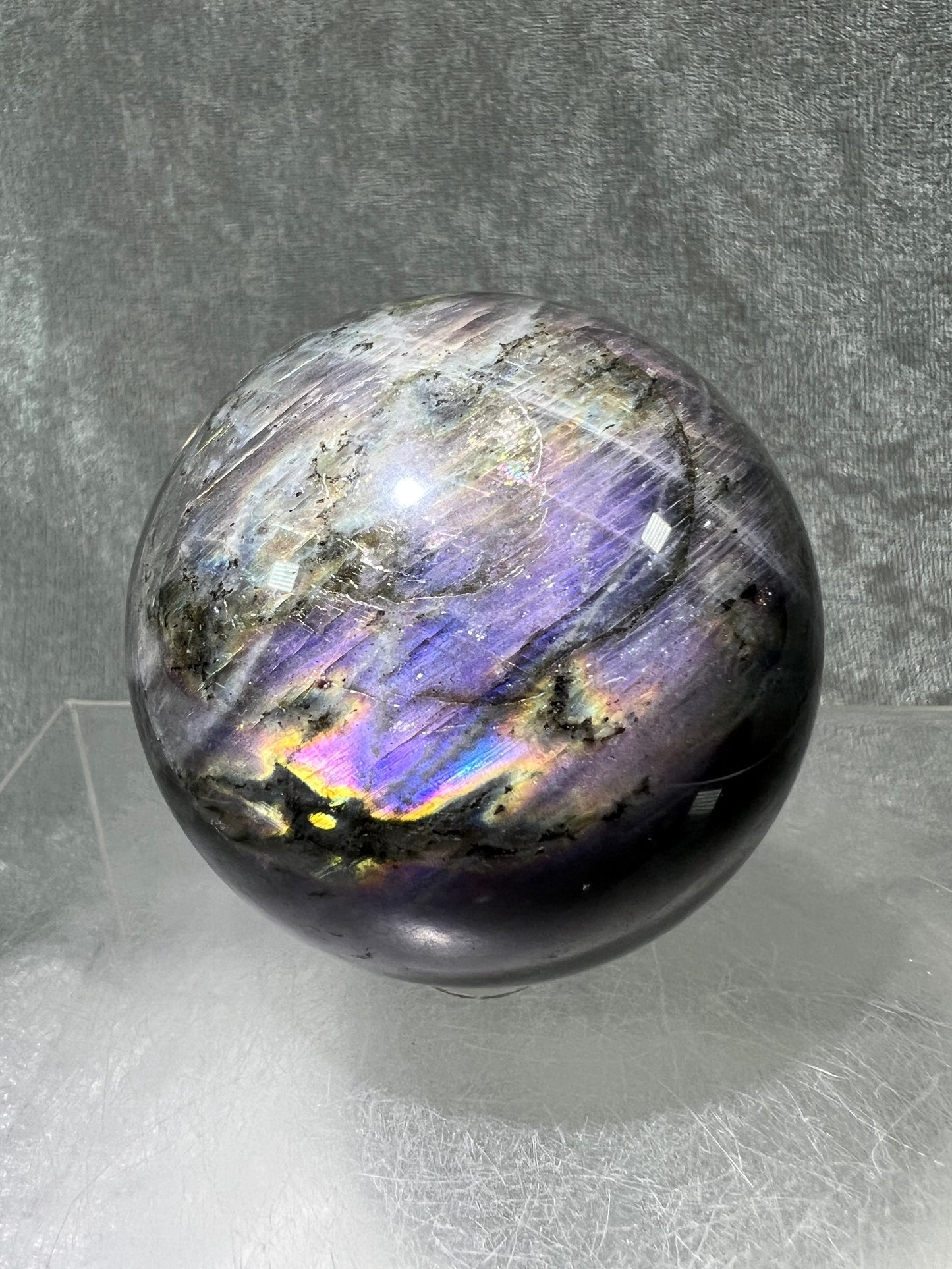 Labradorite Crystal Sphere. 62mm. Gorgeous Purple Rainbow Flash. Rare Color Display Sphere.