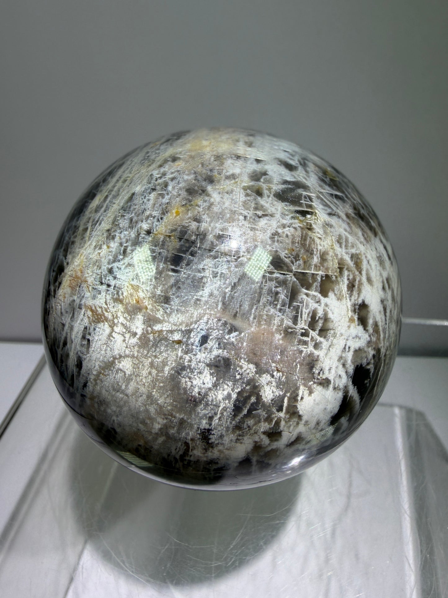 Black Moonstone Crystal Sphere. 66mm. Stunning Bright Silver Flash. High Quality Display Sphere