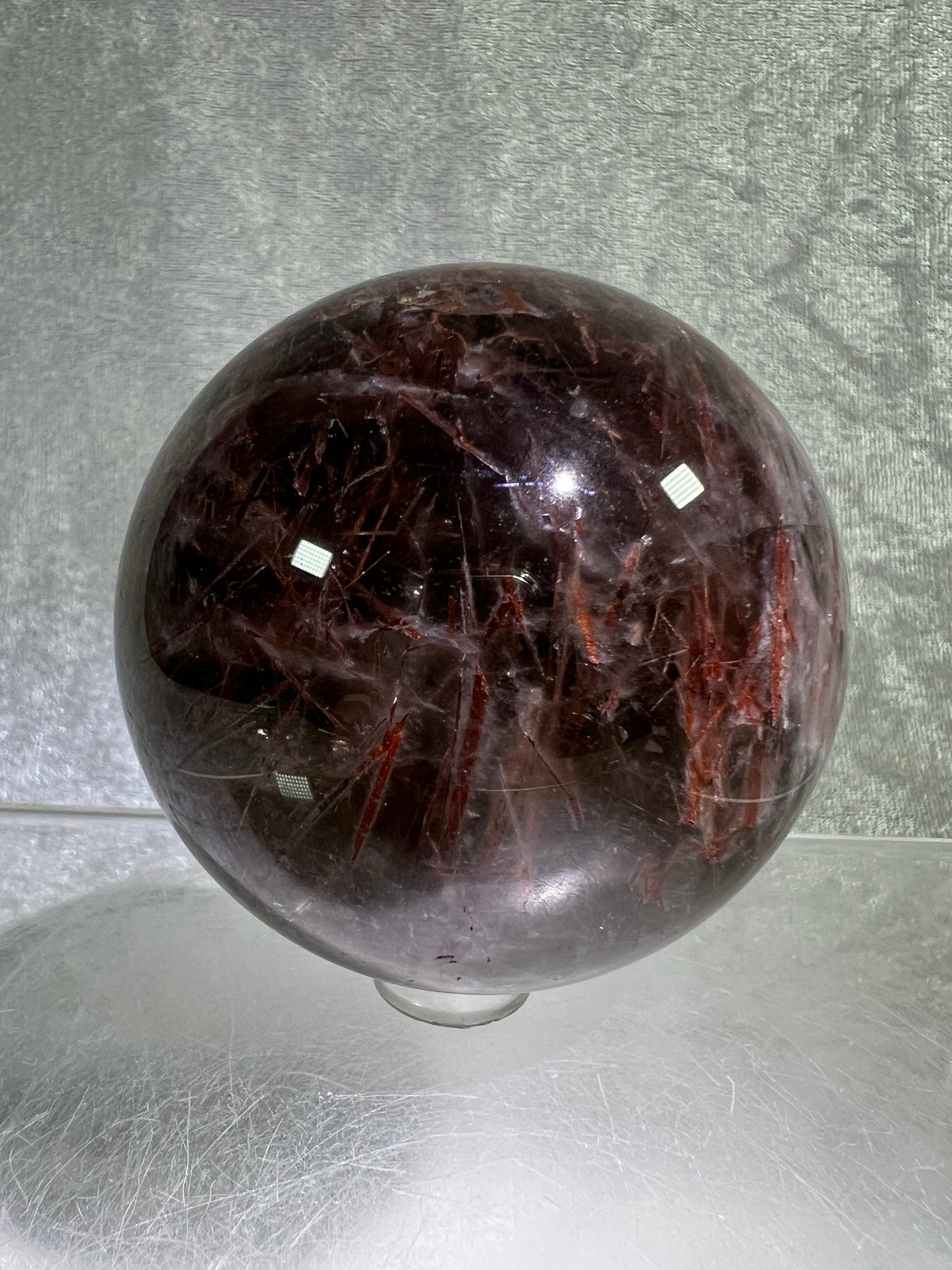 Tourmalinated Quartz Sphere. 66mm. Gorgeous Red Tourmaline Inclusions. Unique And Rare Display Sphere.