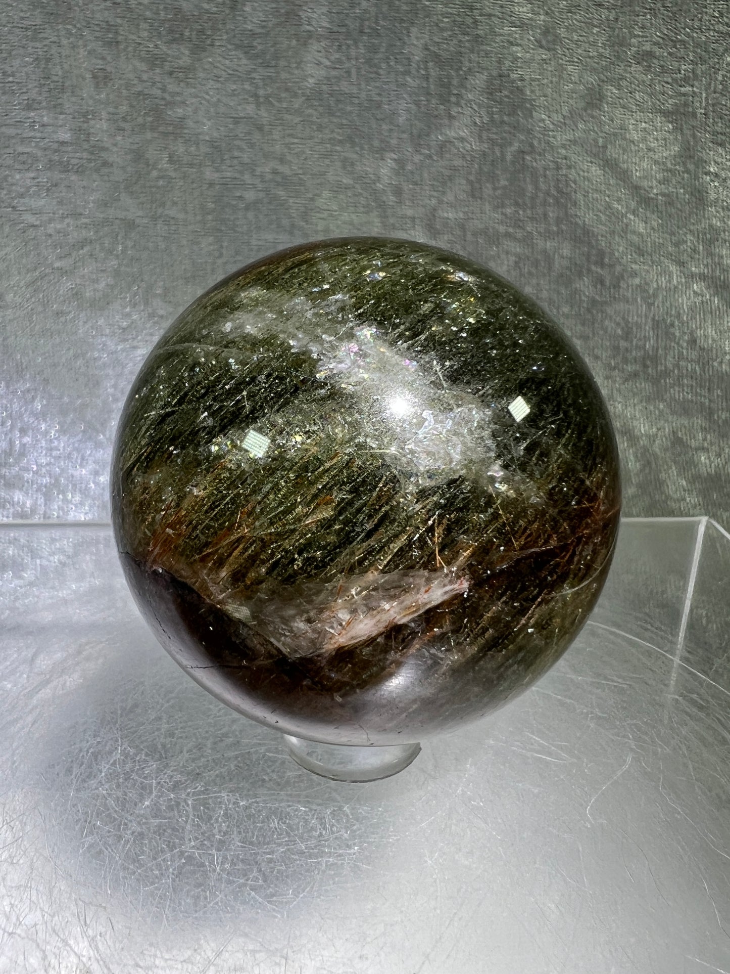 Tourmalinated Quartz Sphere. 52mm. Gorgeous Red And Green Tourmaline Inclusions. Rare And Unique Display Sphere.
