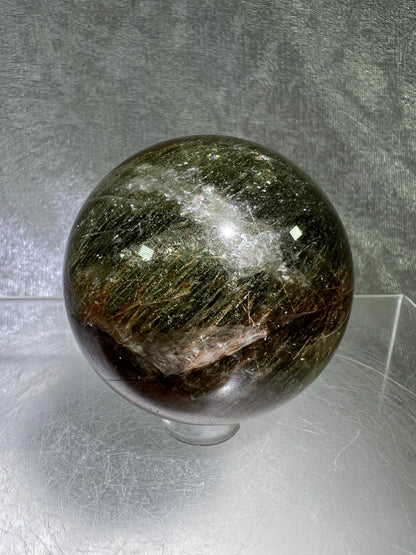 Tourmalinated Quartz Sphere. 52mm. Gorgeous Red And Green Tourmaline Inclusions. Rare And Unique Display Sphere.