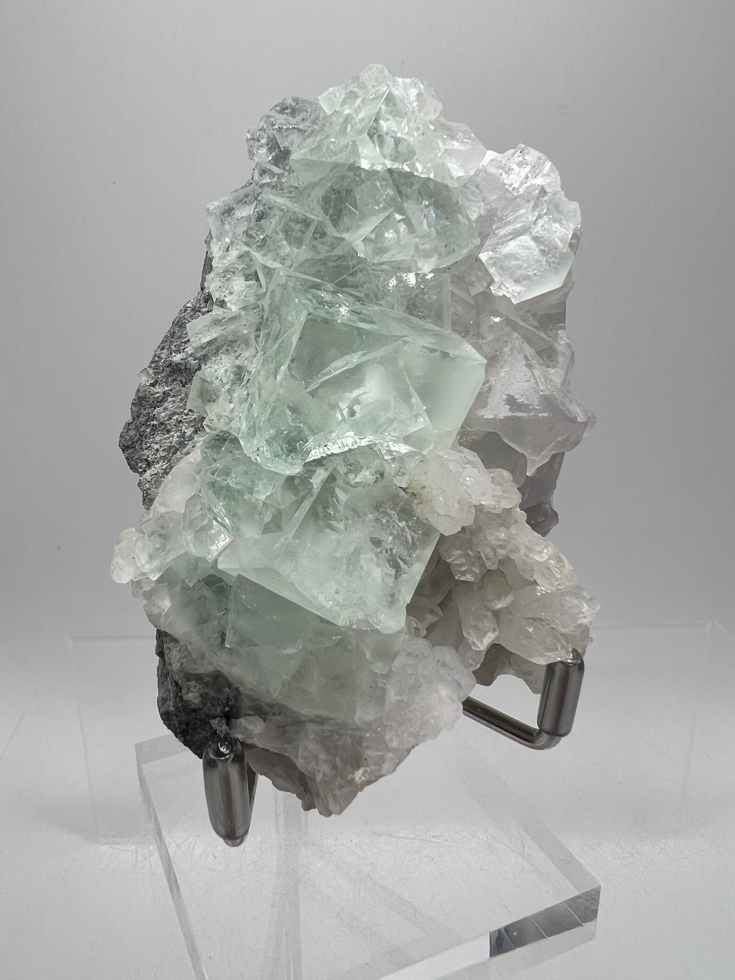 Fluorite And Quartz Mineral Specimen. Stunning Light Green Fluorite Cubes On A Quartz Matrix.