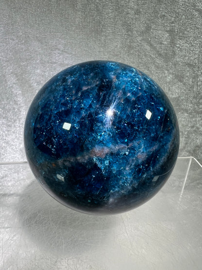 Blue Apatite Crystal Sphere. 66mm. Gorgeous Bright Blue With Lots Of Iridescent Flash. High Quality Display Sphere