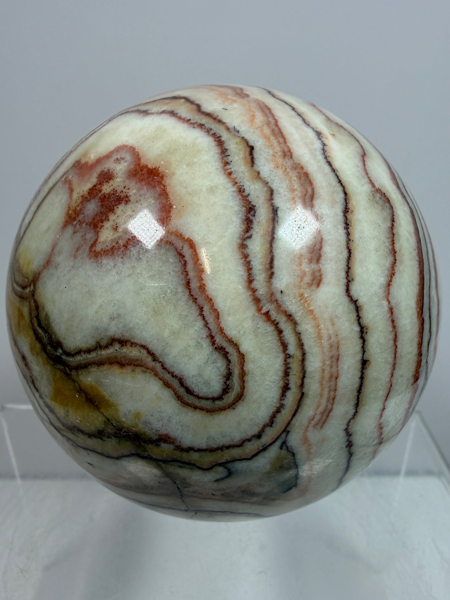 Pork Stone Crystal Sphere. 77mm. Red Banded Calcite Display Sphere. High Quality UV Reactive Crystal