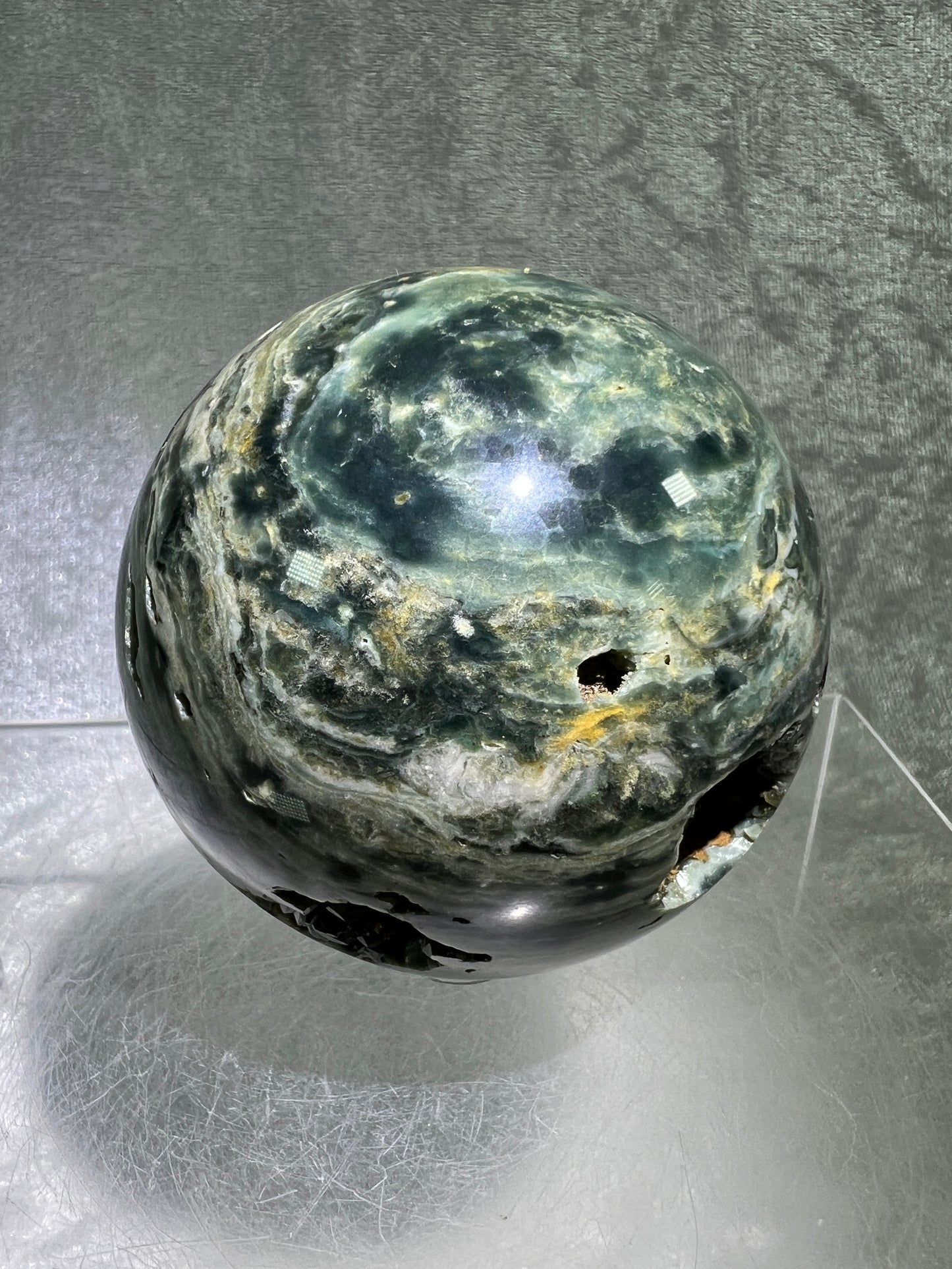 Ocean Jasper Sphere. 69mm. Very Cool Green Druzy. Stunning And Unique Display Sphere.