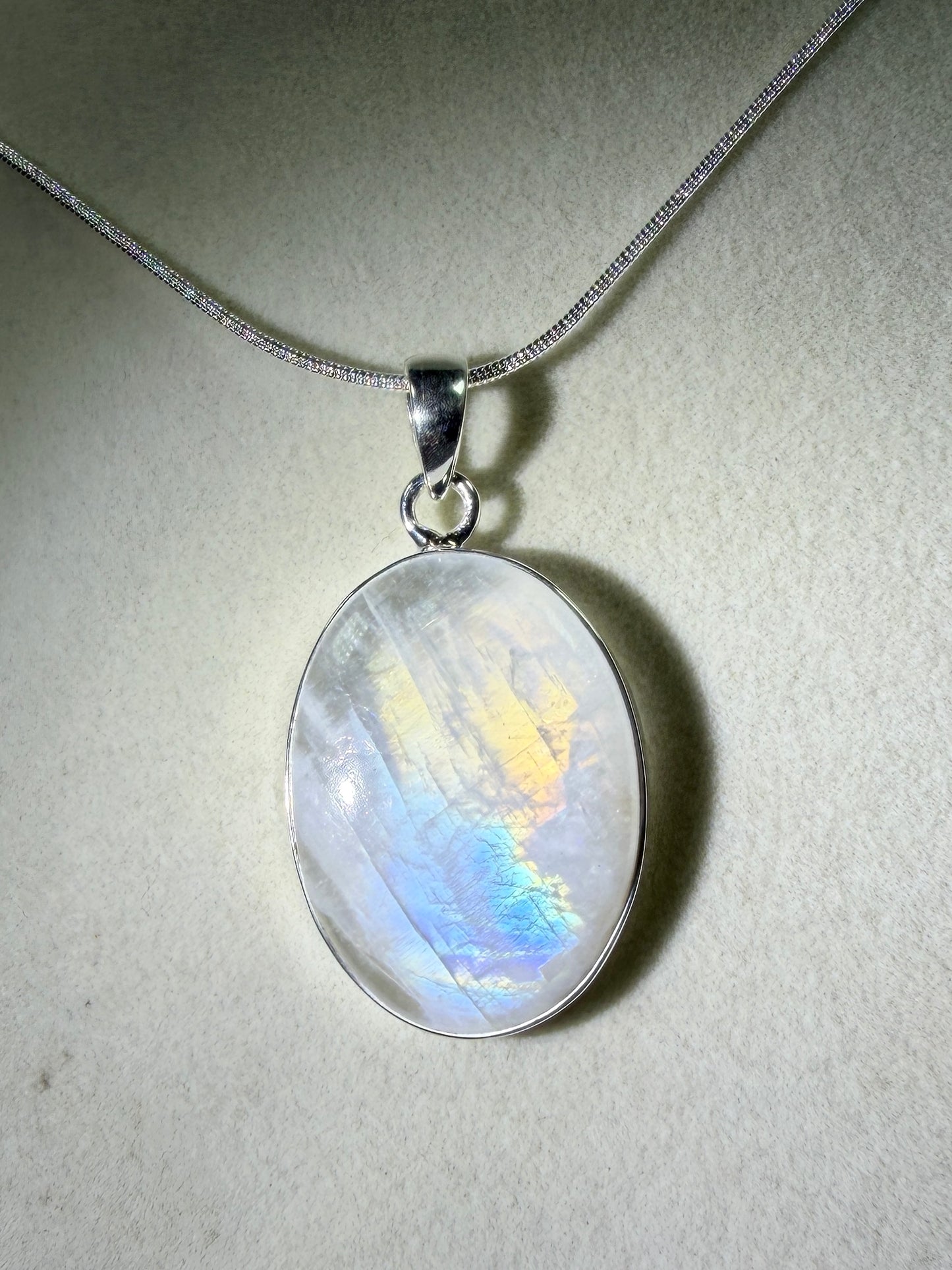 Rainbow Moonstone Crystal Pendant. Beautiful S925 Silver Crystal Jewelry. Amazing Colors With Great Flash!