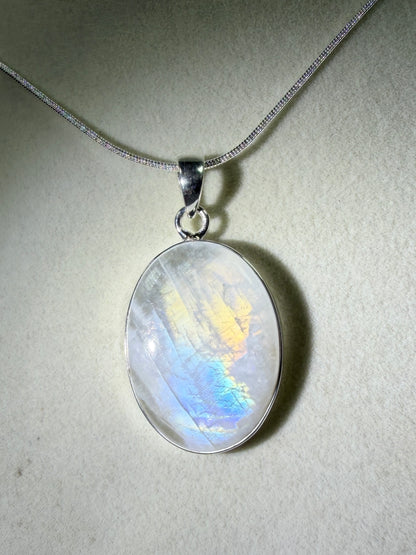 Rainbow Moonstone Crystal Pendant. Beautiful S925 Silver Crystal Jewelry. Amazing Colors With Great Flash!
