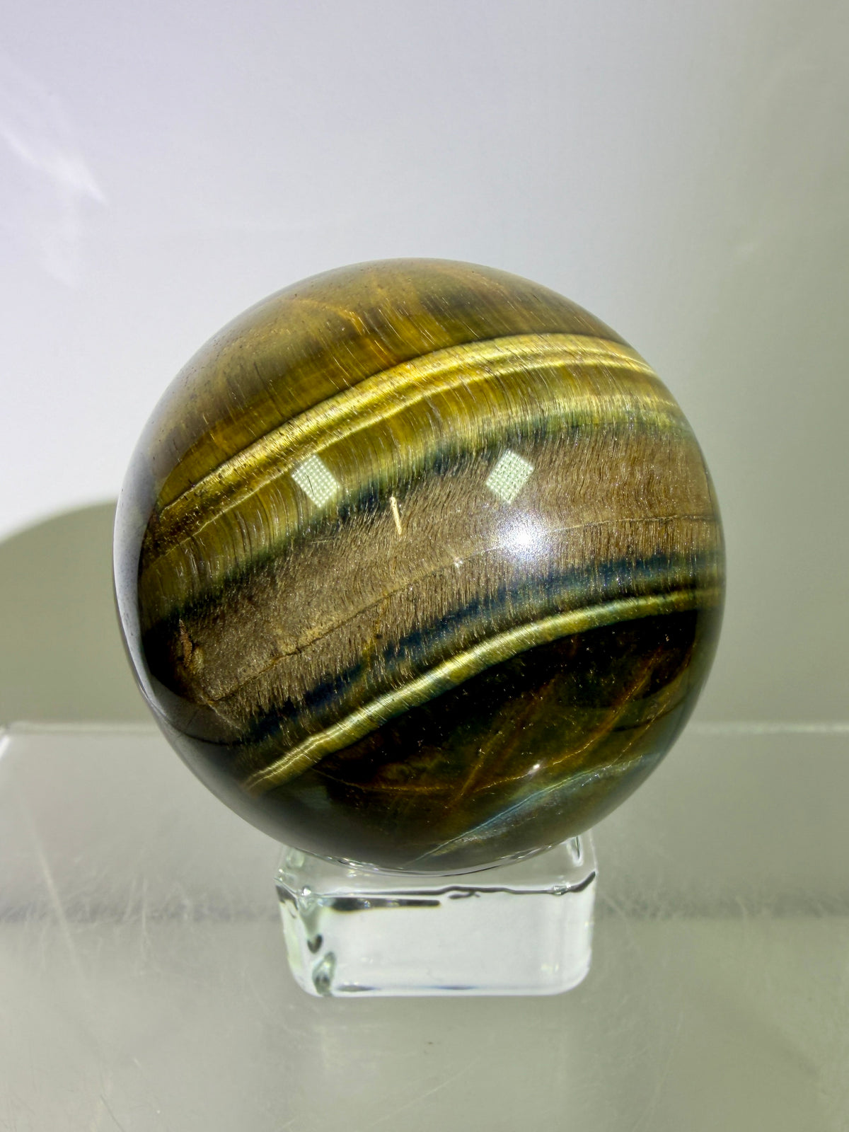 Blue Tigers Eye Sphere. 49mm. Rare Blue And Gold Hawks Eye Crystal. Beautiful Colors And Flash