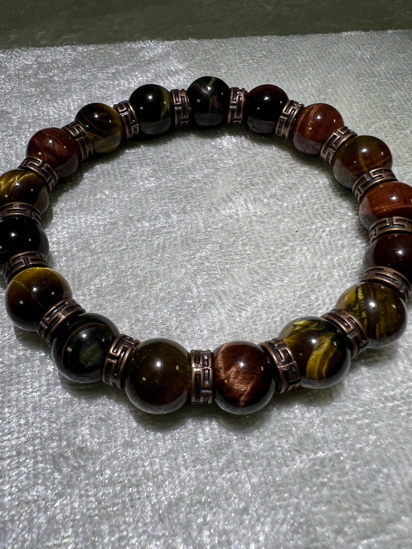 Tigers Eye Crystal Bead Bracelet. Beautiful Red, Blue, And Gold Tigers Eye Bracelet. 10mm. Amazing Bronze Color Spacers.