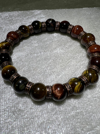 Tigers Eye Crystal Bead Bracelet. Beautiful Red, Blue, And Gold Tigers Eye Bracelet. 10mm. Amazing Bronze Color Spacers.