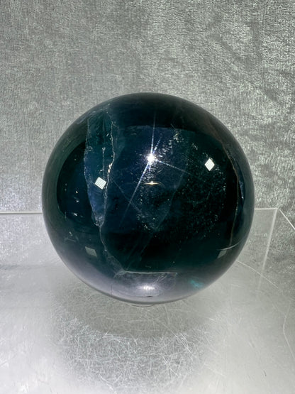 Blue Fluorite Sphere. 61mm. Gorgeous Rare Blue Fluorite. Amazing Dendritic And Rainbow Inclusions.