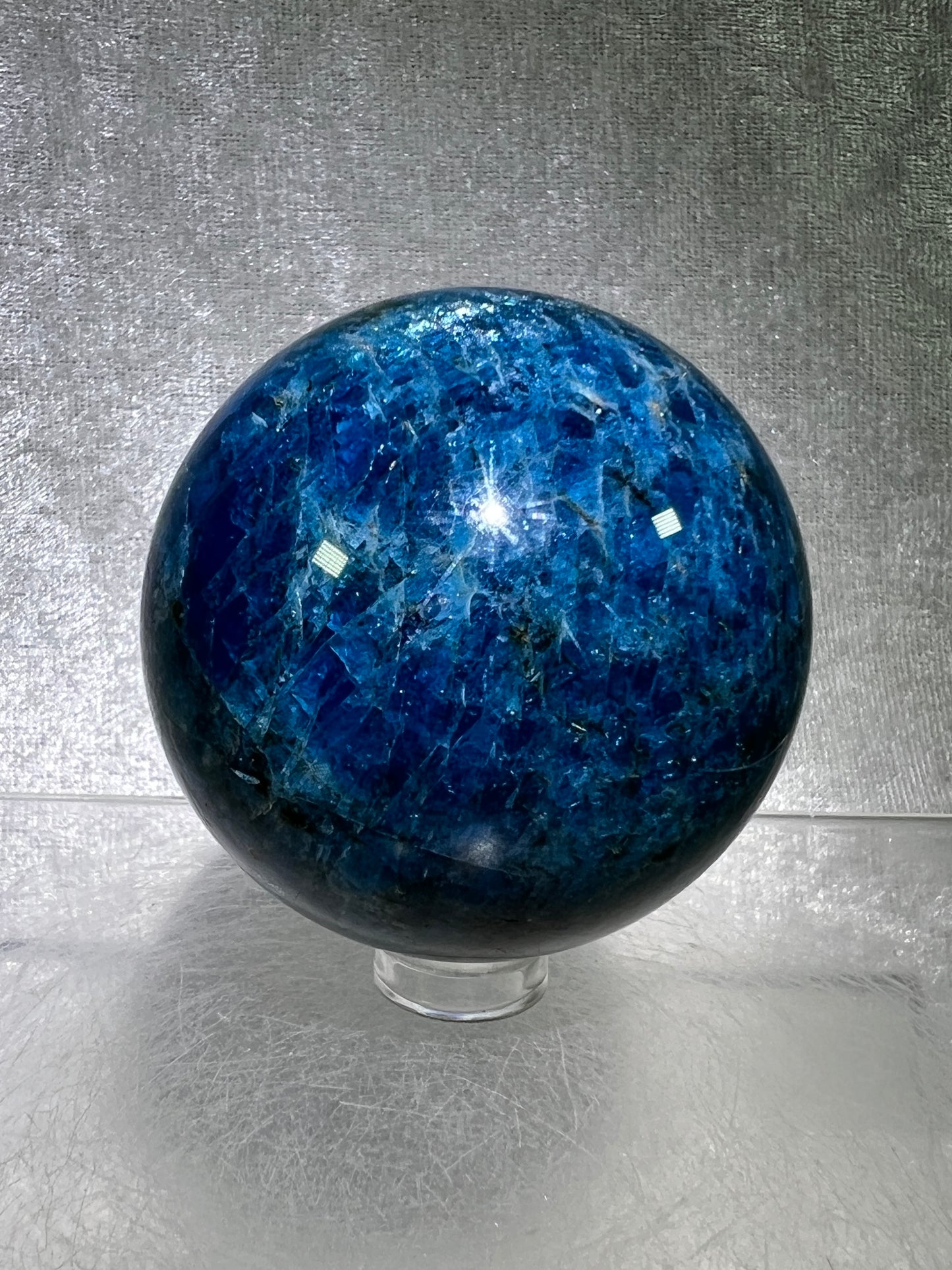 Blue Apatite Crystal Sphere. 58mm. Stunning Deep Blue With Lots Of Iridescent Flash. High Quality Display Sphere