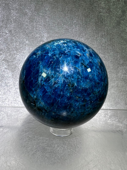 Blue Apatite Crystal Sphere. 58mm. Stunning Deep Blue With Lots Of Iridescent Flash. High Quality Display Sphere