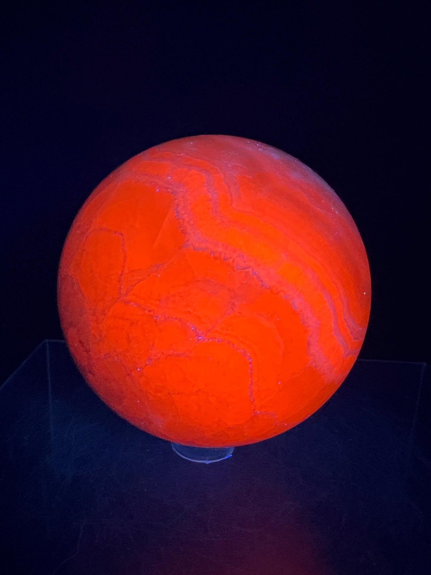 Mangano Calcite Sphere. 72mm. Very Intense Orange UV Reaction. Large High Quality Display Crystal From Peru.