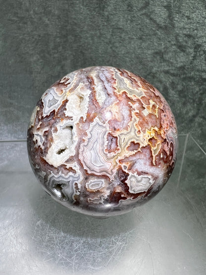 Mexican Crazy Lace Agate Sphere. Gorgeous High Quality With Amazing Druzy And Patterns. Rare Shades Of Pink.