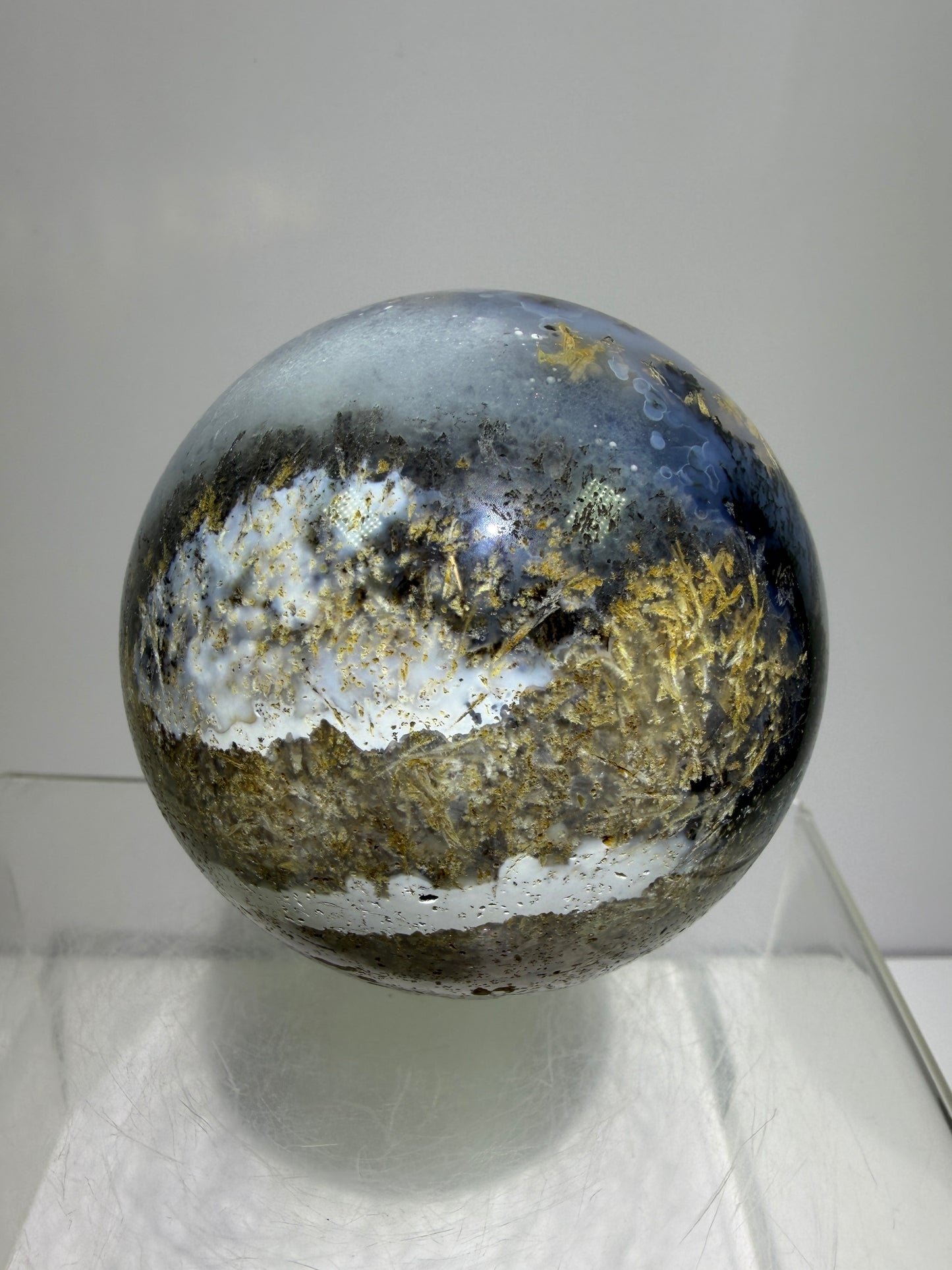 Sagenite Crystal Sphere. 66mm. Incredible Sagenite Plumes With Dendritic Agate. Rare And Unique Crystal Display Sphere
