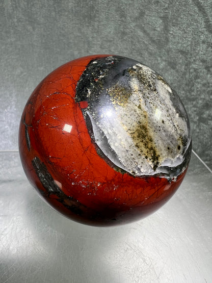 African Bloodstone Sphere From Swaziland. 63mm. Gorgeous Pyrite And Red Jasper Inclusions With Crazy Mosaic Patterns And Colors.