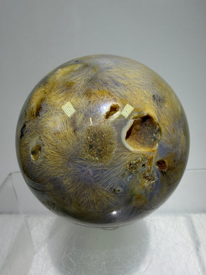Sagenite Crystal Sphere. 61mm. Incredible Sagenite Plumes With Dendritic Agate. Rare And Unique Crystal Display Sphere