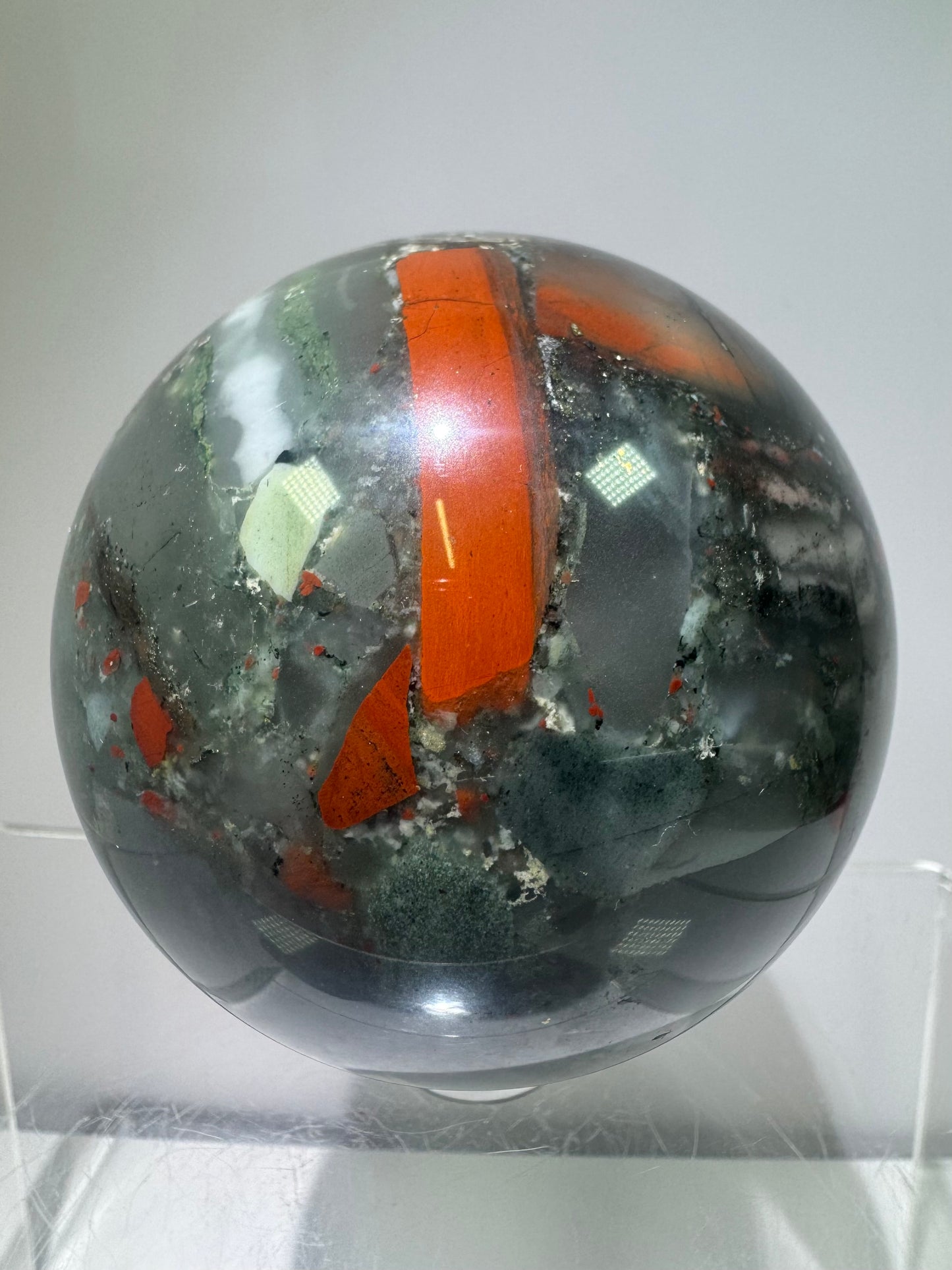 African Bloodstone Sphere From Swaziland. 66mm. Gorgeous Pyrite And Red Jasper Inclusions With Crazy Mosaic Patterns And Colors.