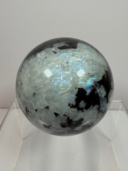 Rainbow Moonstone Sphere. 71mm. Rare Rainbow And Blue Flash! High Quality Display Sphere