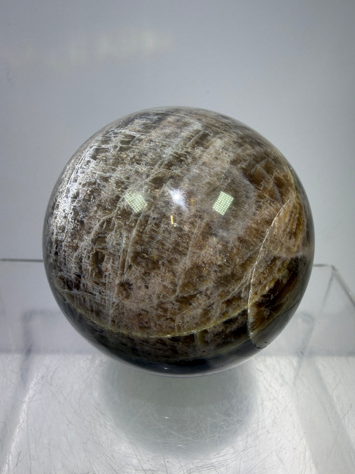 Black Moonstone Crystal Sphere. 55mm. Stunning Bright Silver Flash. High Quality Display Sphere