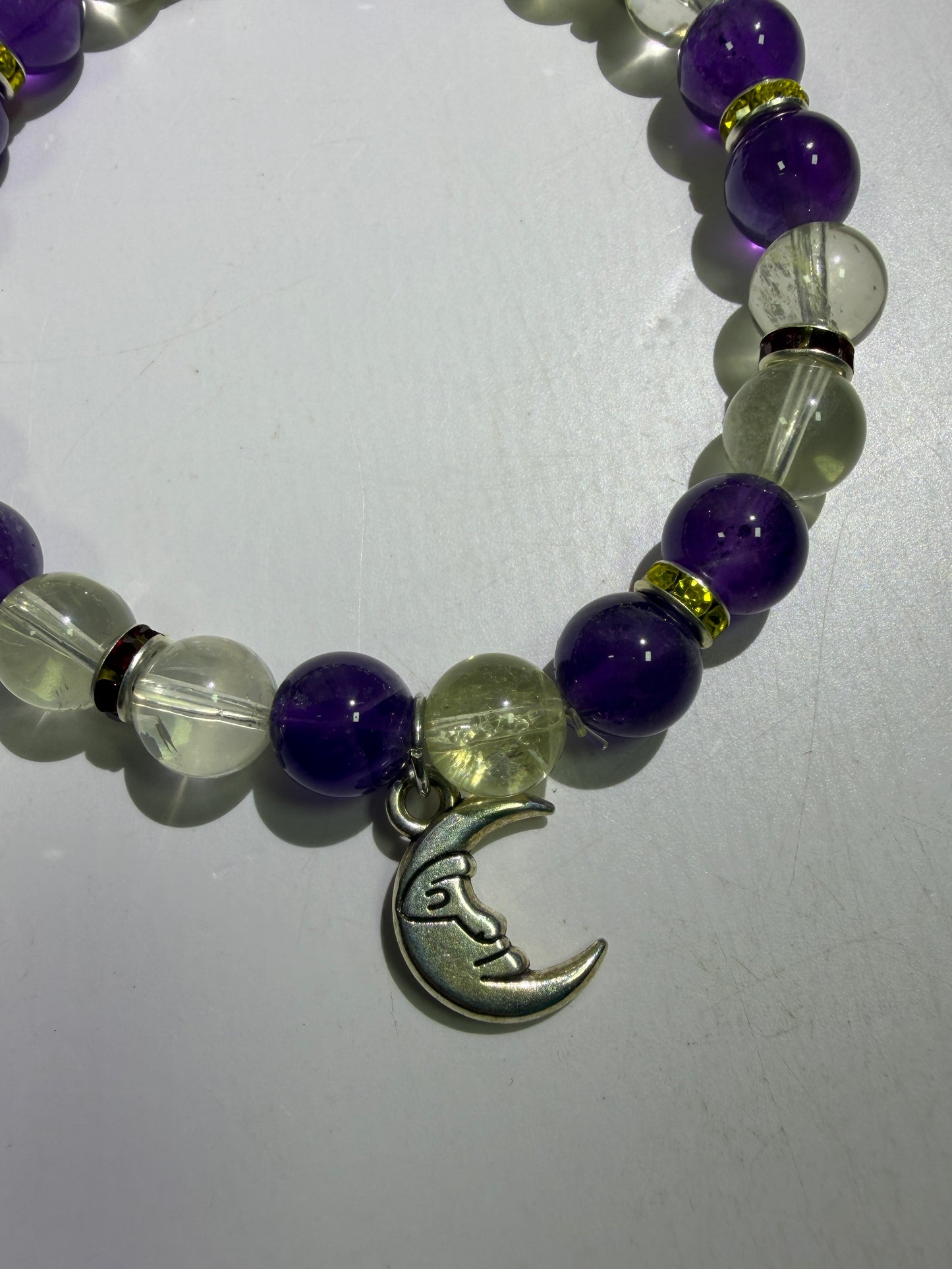 Amethyst And Citrine Crystal Bead Bracelet. 8mm. High Quality Bracelet With Amazing Spacers And Moon Charm.