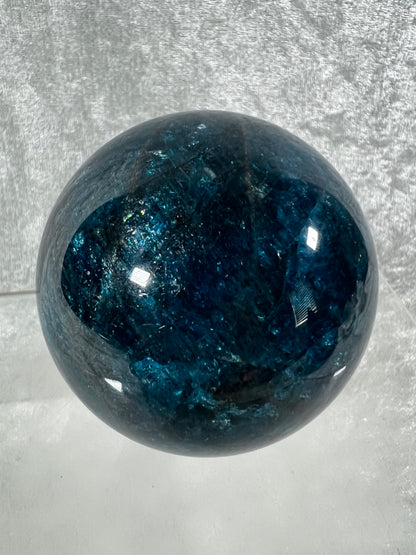 Blue Apatite Crystal Sphere. 66mm. Gorgeous Bright Blue With Lots Of Iridescent Flash. High Quality Display Sphere